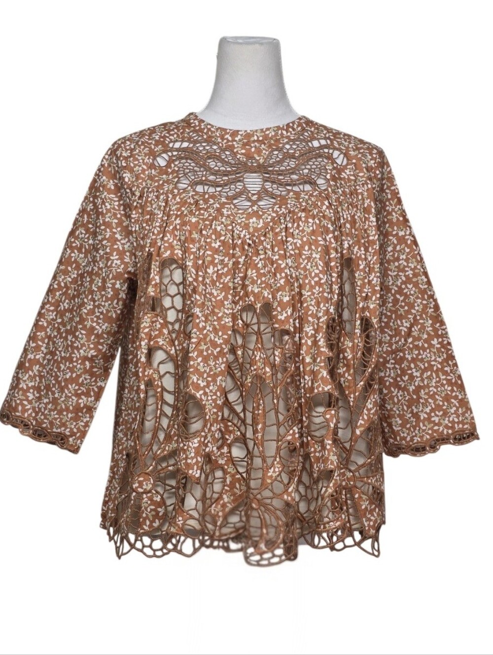 Anthropologie Blue Tassel Marcie Lace Rust Floral Overlay Blouse Sz Small
